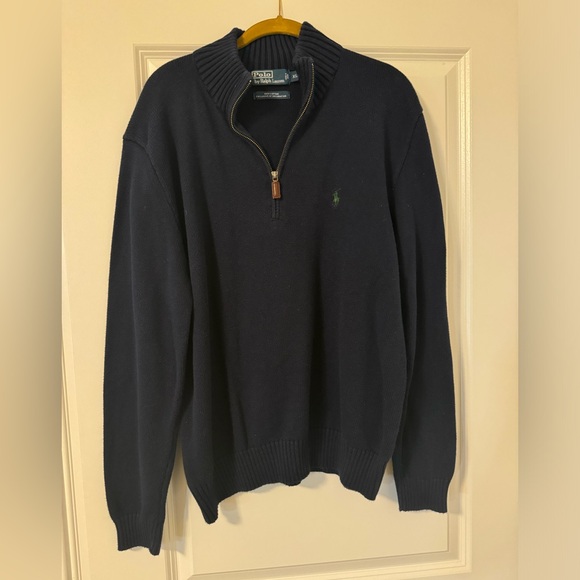 Navy quarter zip sweater with green polo symbol - Picture 1 of 2